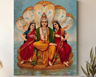 Indian Lord Vishnu Lakshmi Bhudevi Canvas Wall Art, Raja Ravi Varma Hindu Deity Print, Mythology Home Decor, Yoga Room Gift