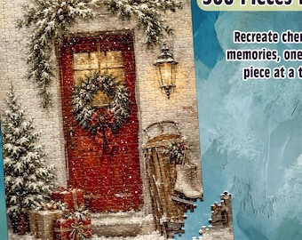 Christmas Door Jigsaw Puzzle, Holiday Winter Village Scene, Cozy Red Decor Gift, Family Activity Game, Adult Hobby 96-1000 Pieces