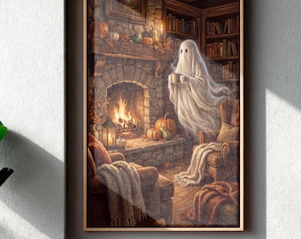 Coffee Lover Halloween Ghost Canvas Wall Art, Spooky Autumn Season Living Room Decor