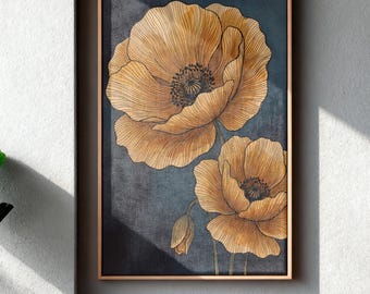 California Poppy Canvas Wall Art, Wildflower Print For Cottagecore Style, Blue Art