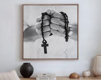Black And White Praying Hands Photography Canvas Wall Art, Christian Print, Religious Portrait, Catholic Home Decor