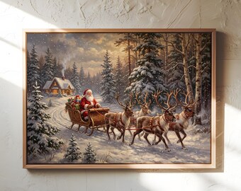 Santa Claus On Sleigh With Reindeer Canvas Wall Art, Christmas Winter Holiday Print