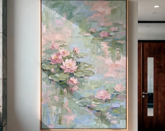 Green Lake Flower Painting On Canvas Wall Art, Water Lily Nature Print, Botanical Art