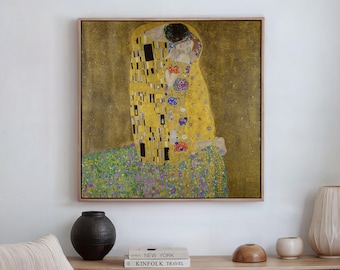 Gustav Klimt The Kiss Canvas Art, Art Nouveau Gold Leaf Print, Romantic Couple Decor