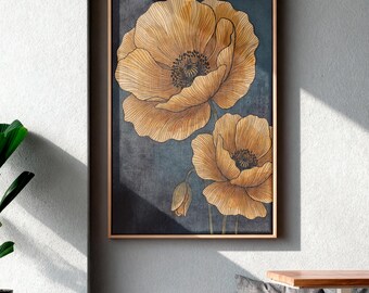 California Poppy Canvas Wall Art, Wildflower Print For Cottagecore Style, Blue Art