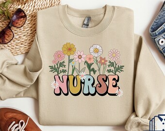 Wildflowers Nurse Sweatshirt, Nurse Shirt For Work RN Nurse Shirt, Registered Nurse Sweater, Nursing School Shirt, Cute Nurse Hoodie