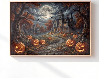 Haunted House Canvas Wall Art, Pumpkin Street Print, Spooky Decor For Halloween