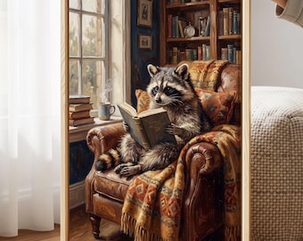 Raccoon Reading Book Canvas Wall Art, Funny Vintage Classroom Print, Animal Painting