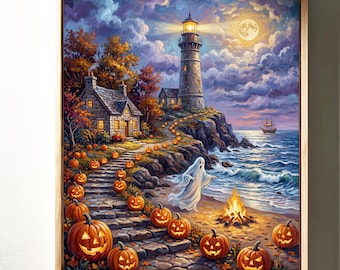 Haunted Lighthouse Canvas Wall Art, Creepy Maritime Print, Spooky Halloween Ghost Art