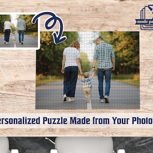 May include: A personalized jigsaw puzzle featuring a family walking down a road, with a smaller image of the original photo in the corner. The puzzle is made from a customer's photo, with the text "Personalized Puzzle Made from Your Photo" at the bottom.
