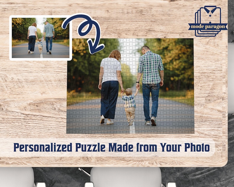 May include: A personalized jigsaw puzzle featuring a family walking down a road, with a smaller image of the original photo in the corner. The puzzle is made from a customer's photo, with the text "Personalized Puzzle Made from Your Photo" at the bottom.