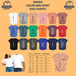 Puede incluir: Una tabla de tallas y colores de camisetas unisex con camisetas de varios colores, incluyendo blanco, negro y azul. La tabla incluye medidas en pulgadas para el pecho y la longitud. El texto dice "UNISEX COLOR AND SHIRT SIZE CHARTS".