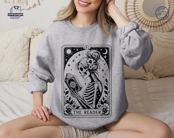 The Reader Tarot Card Shirt, Skeleton Reading Sweatshirt, Book Lover Hoodie, Tarot Lover Gift, Halloween Skeleton Tee, Bookish Gift T-shirt