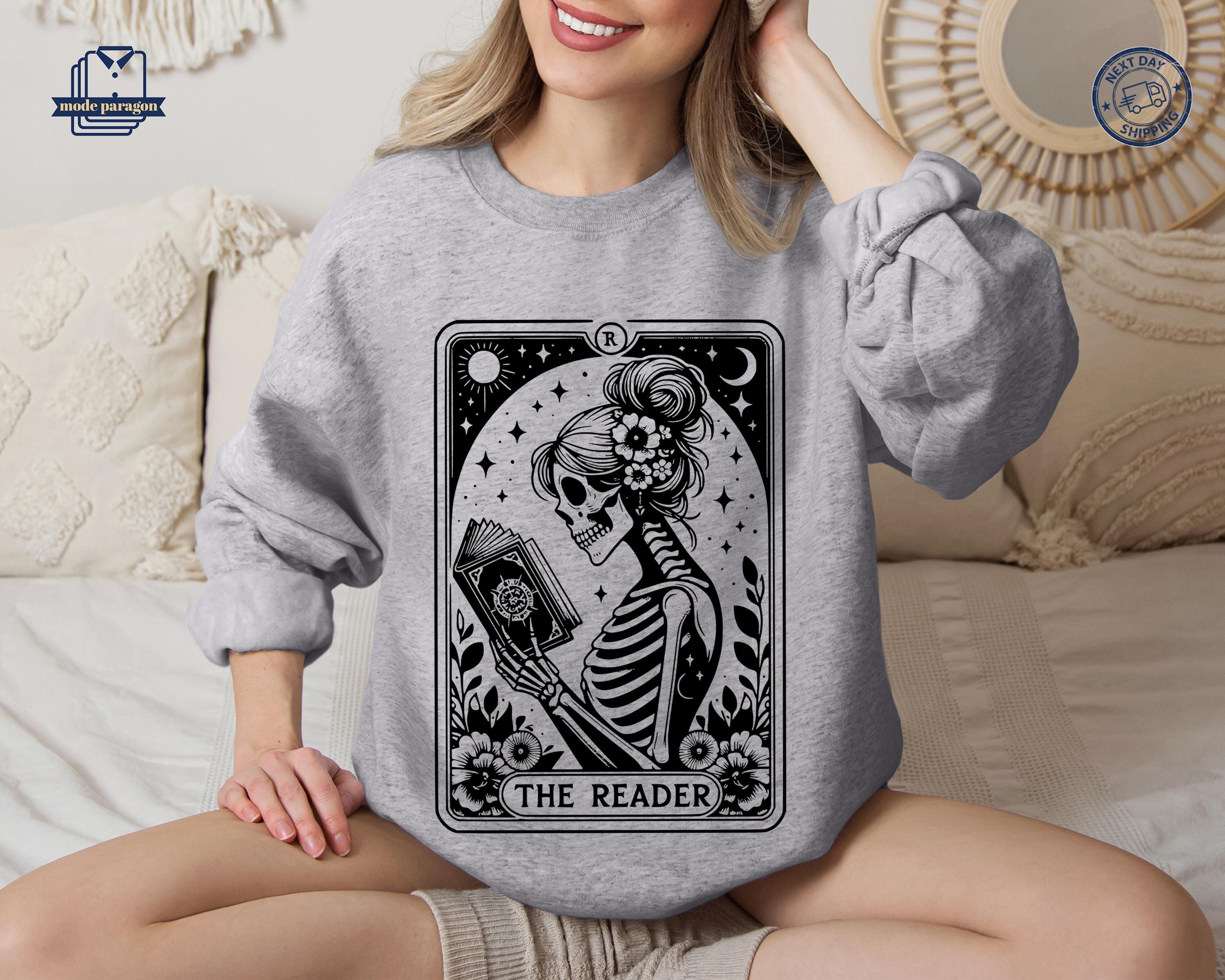 The Reader Tarot Card Shirt, Skeleton Reading Sweatshirt, Book Lover Hoodie, Tarot Lover Gift, Halloween Skeleton Tee, Bookish Gift T-shirt
