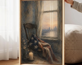 911 Memorial Window View Twin Towers Canvas Wall Art, Americana Never Forget Print