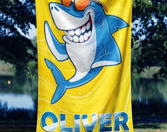 Custom Name Beach Towel, Personalized Kids Shark Towel For Boys, Summer Gift For Kids, Cartoon Style Gift