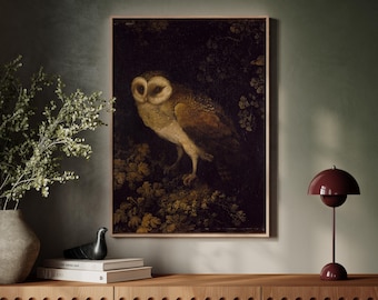 Vintage Barn Owl Canvas Wall Art, Moody Dark Nature Home Decor, Moody Woodland Bird Print, Animal Art