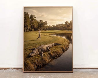 Golf Course With Alligator Canvas Wall Art, Man Cave Sports Print For Office Decor