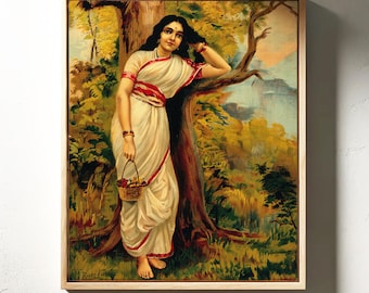 Raja Ravi Varma Canvas Wall Art, Indian Woman In Saree Painting, Vintage Indian Mythology Poster, South Asian Home Decor