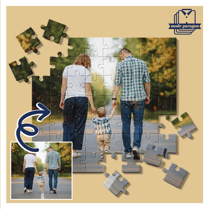 May include: A family photo puzzle featuring a picture of a family walking down a road. The puzzle is partially assembled, with several pieces scattered around. The image includes a small inset photo and the text "mode paragon".