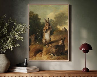 Vintage Rabbit Canvas Wall Art, Moody Bunny Print, Cottagecore Nature Decor, Rustic Hare Poster, Farmhouse Animal Artwork