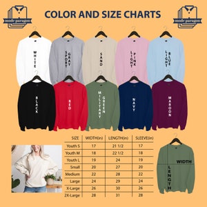 Puede incluir: Tabla de colores y tallas para sudaderas. La tabla muestra varios colores: blanco, gris, arena, rosa claro, azul claro, negro, rojo, verde militar, azul marino y granate. Las medidas est&aacute;n en pulgadas, incluyendo ancho, largo y largo de manga.