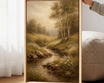 Serene Forest River Canvas Wall Art, Countryside Nature Print, Cottagecore Woodland Living Room Decor, Birch Trees Artwork