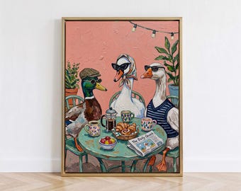 Whimsical Ducks Drinking Coffee Canvas Art, Colorful Goose Mallard Bird Painting, Kitchen Wall Decor