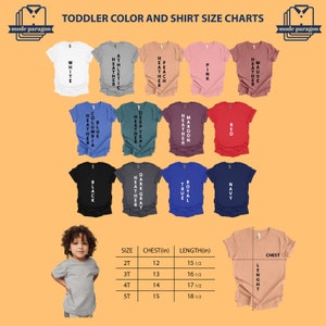Puede incluir: Tabla de colores y tallas de camisetas para ni&ntilde;os peque&ntilde;os, con varios colores como blanco, rosa y azul marino. Una tabla de tallas muestra las medidas de pecho y largo en pulgadas para las tallas 2T a 5T. Un ni&ntilde;o peque&ntilde;o lleva una camiseta gris.