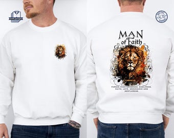 Man of Faith Christian Shirt, Jesus Lion of Judah Art Sweatshirt, Bible Verse Hoodie, Christian Gifts For Him, Men's Religious Tshirt