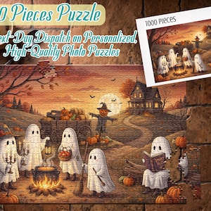 May include: A 1000-piece jigsaw puzzle featuring a Halloween scene with ghosts in white sheets, a bubbling cauldron, a scarecrow, and a haunted house. The illustration includes pumpkins, a full moon, and autumn trees in warm orange and brown tones.