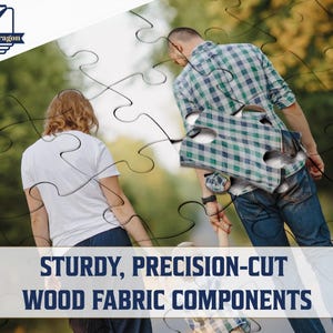 May include: Image of a puzzle with people in the background. The puzzle pieces are overlaid on the image. Text on the image reads "STURDY, PRECISION-CUT WOOD FABRIC COMPONENTS". The Mode Paragon logo is in the upper left corner.