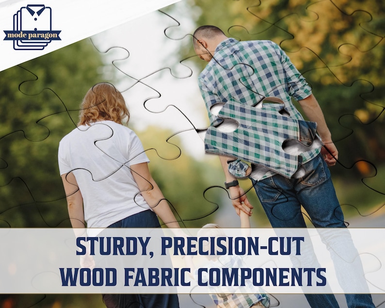 May include: Image of a puzzle with people in the background. The puzzle pieces are overlaid on the image. Text on the image reads "STURDY, PRECISION-CUT WOOD FABRIC COMPONENTS". The Mode Paragon logo is in the upper left corner.