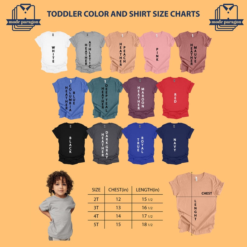 May include: Toddler shirt size chart with a variety of colors, including white, pink, red, blue, black, gray, and navy. The chart shows the chest and length measurements for sizes 2T, 3T, 4T, and 5T.