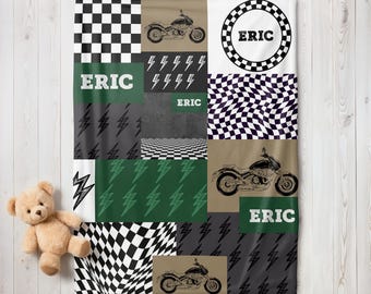 Custom Name Motorcycle Blanket, Minky Or Sherpa Baby Toddler Throw Blanket, Personalized Gift