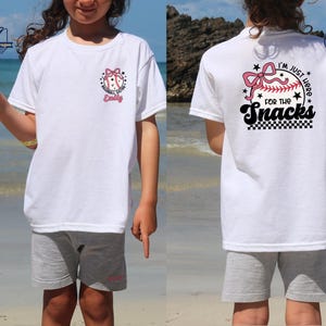 Custom Name Shirt, I&#39;m Just Here For The Snacks Baseball Sister, Baseball Coquette Tshirt, Gift for Kids, Game Day Gift,Kids Tee,Sports Fan