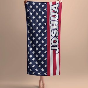 Custom Name US Flag Beach Towel, Personalized Flag Towel, Patriotic Gift, Summer Vacation Birthday Gift, Pool Towel, Family Travel Gift