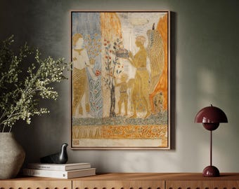 Vintage Angel & Woman Floral Canvas Wall Art, Mythological Folk Art Painting, Rustic Earth Tone Decor, Botanical Garden Scene Print