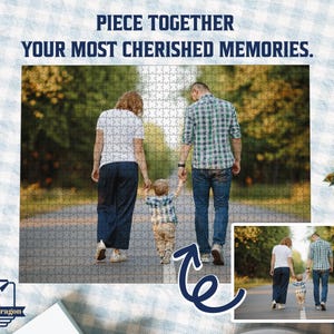May include: A custom jigsaw puzzle featuring a family walking down a path, with the text "PIECE TOGETHER YOUR MOST CHERISHED MEMORIES." The puzzle is made up of many small pieces, with a smaller image of the same scene in the bottom right corner.