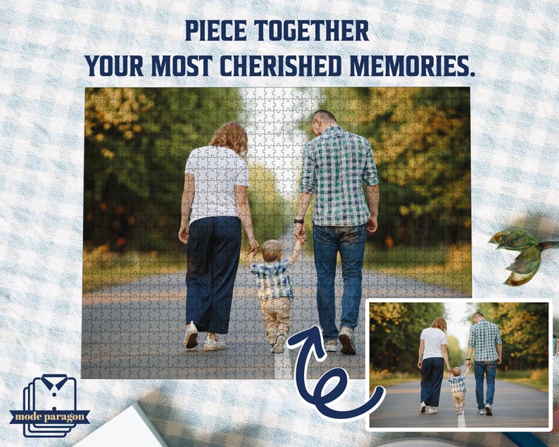 May include: A custom jigsaw puzzle featuring a family walking down a path, with the text "PIECE TOGETHER YOUR MOST CHERISHED MEMORIES." The puzzle is made up of many small pieces, with a smaller image of the same scene in the bottom right corner.
