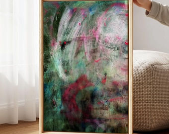 Abstract Canvas Wall Art, Modern Green and Pink Oil Painting Style Print, Colorful Contemporary Inspirational Living Art