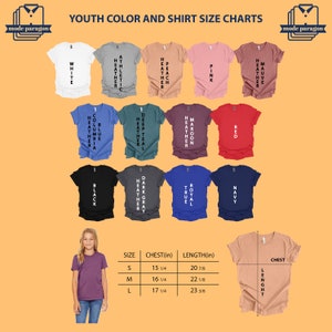 Puede incluir: Una tabla de colores para camisetas juveniles, que muestra varios colores como blanco, rosa y azul marino. La imagen incluye una tabla de tallas con medidas de pecho y largo en pulgadas, y una ni&ntilde;a que lleva una camiseta morada.
