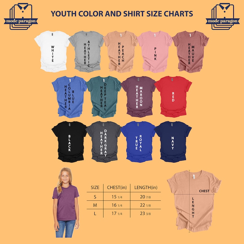 May include: Youth t-shirt size chart with color options. The chart shows the chest and length measurements in inches for sizes S, M, and L. The colors include white, heather athletic, heather peach, pink, heather mauve, columbia blue, deep teal, heather maroon, red, black, dark heather gray, royal true, and navy.