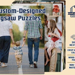 May include: Custom-designed jigsaw puzzles featuring a family walking on a path. The puzzles have crisp, vibrant colors and are made of wood fabric pieces. The text "Custom-Designed Jigsaw Puzzles" is displayed on the puzzle.