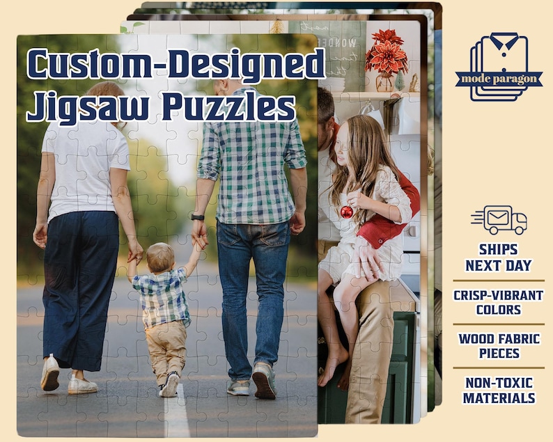 May include: Custom-designed jigsaw puzzles featuring a family walking on a path. The puzzles have crisp, vibrant colors and are made of wood fabric pieces. The text "Custom-Designed Jigsaw Puzzles" is displayed on the puzzle.