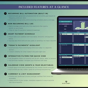 May include: A laptop screen displays a financial management software interface. The screen shows a calendar view, payment schedules, and bill automation features. The software includes interactive filters and currency management options. The text "INCLUDED FEATURES AT A GLANCE" is at the top.