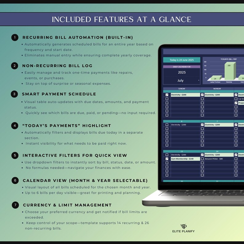 May include: A laptop screen displays a financial management software interface. The screen shows a calendar view, payment schedules, and bill automation features. The software includes interactive filters and currency management options. The text "INCLUDED FEATURES AT A GLANCE" is at the top.