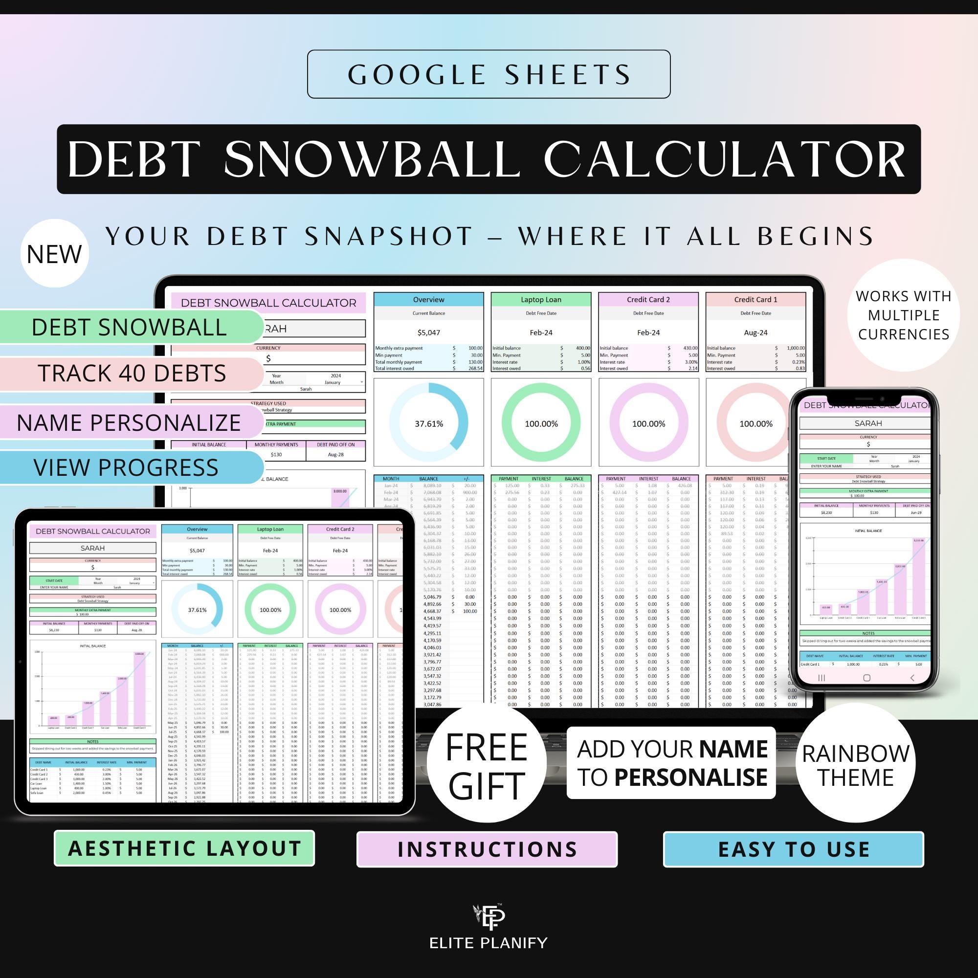 Debt Tracker Google Sheets, Debt Payoff Tracker Spreadsheet | Debt Snowball Calculator | Personal Finance Template | Rainbow
