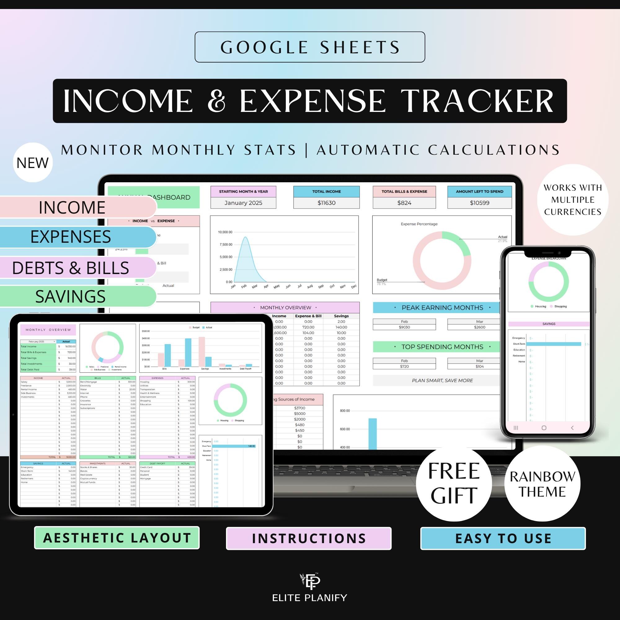 Income & Expense Tracker Google Sheets | Personal Financial Planner and ...