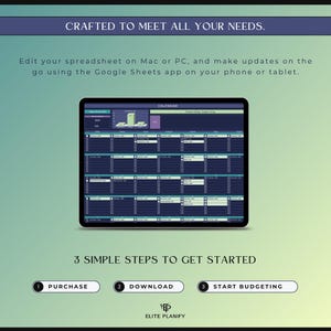May include: A digital calendar displayed on a tablet screen, featuring a spreadsheet layout with rows and columns. The image includes the text "CRAFTED TO MEET ALL YOUR NEEDS" and "3 SIMPLE STEPS TO GET STARTED". The Elite Planify logo is also visible.